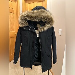 Garage long coat with fur hood NWT